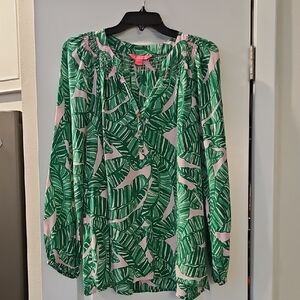 Lilly Pulitzer Green Leaf Print Elsa  Blouse Size XL